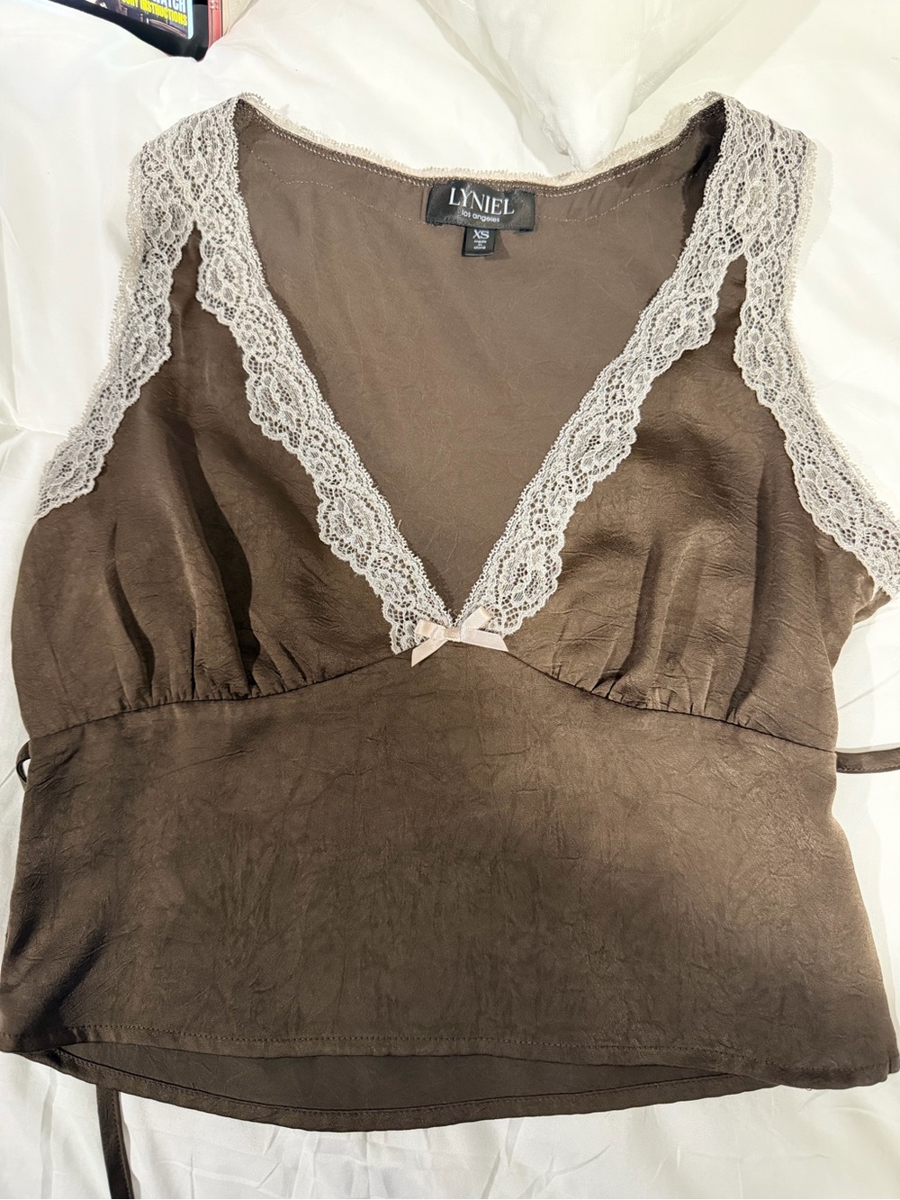 Brown top with Cream Lace Trim